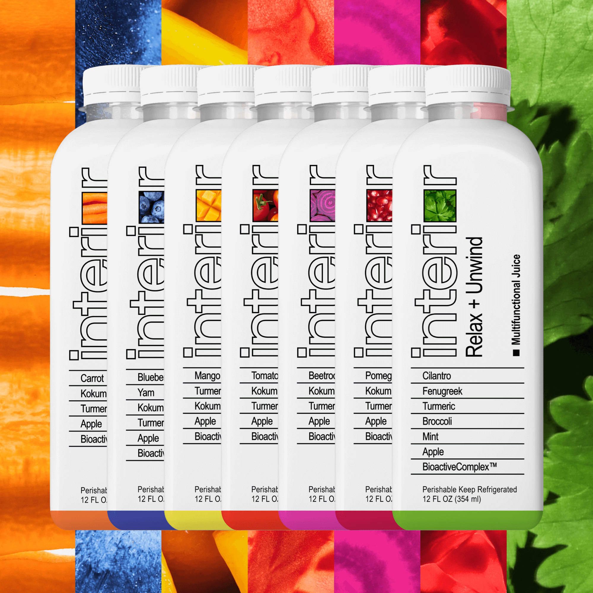 Multiple bottles of Interior juice with colorful background